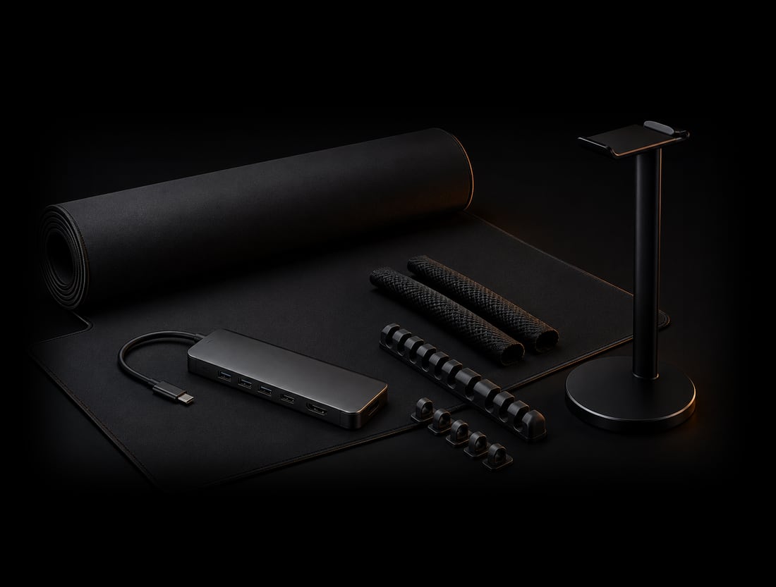 Setup Essentials : tapis XXL, dock USB-C, gestion de câbles, support casque